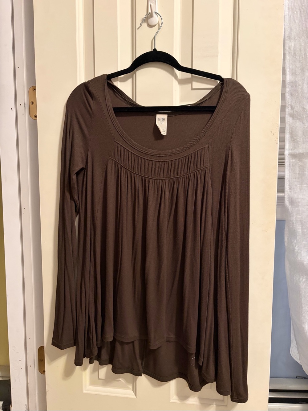 We The Free Brown Long Sleeve Pleated Scoop Neck Top